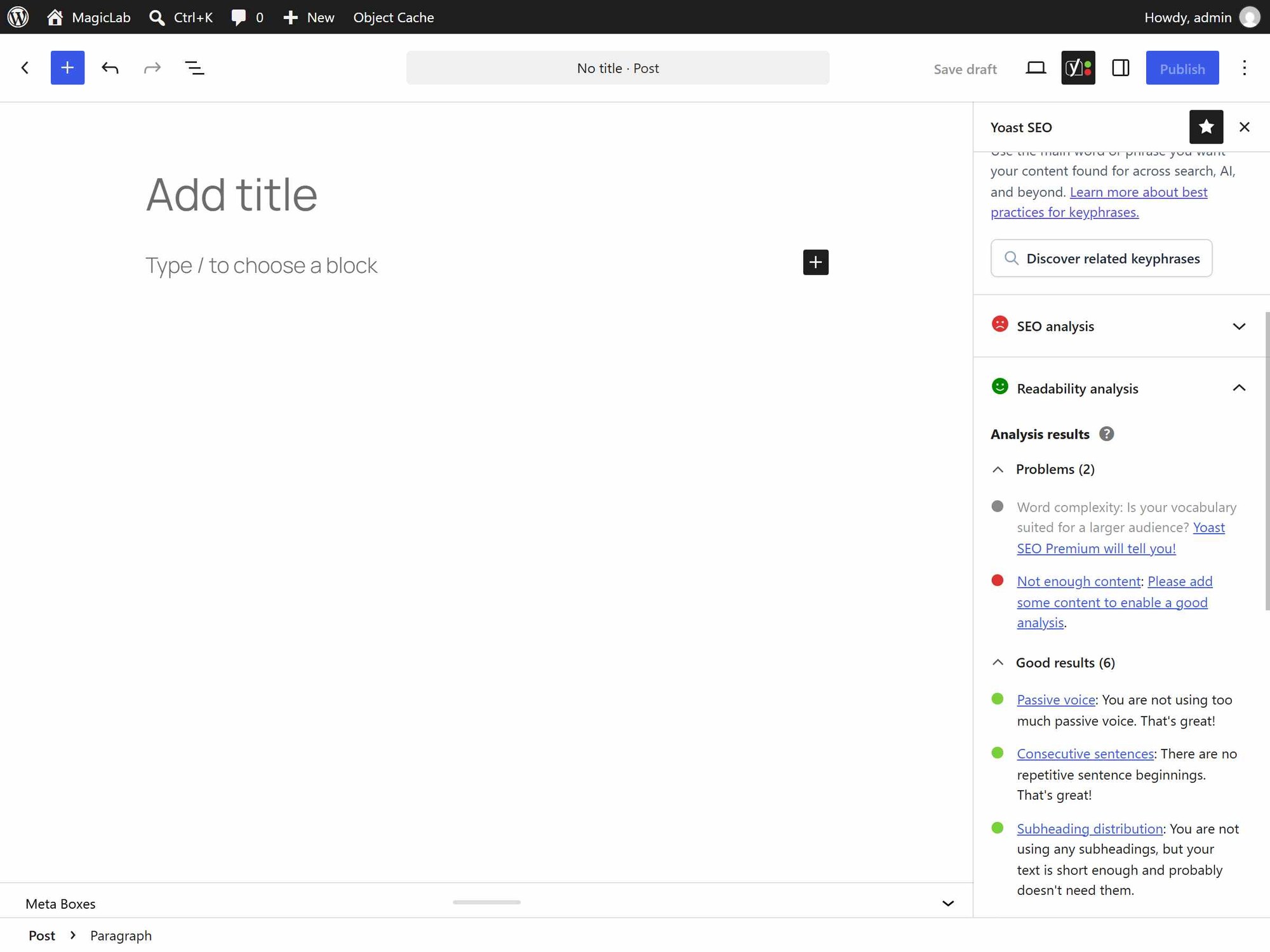 SEO plugin content score and traffic light indicators in post editor