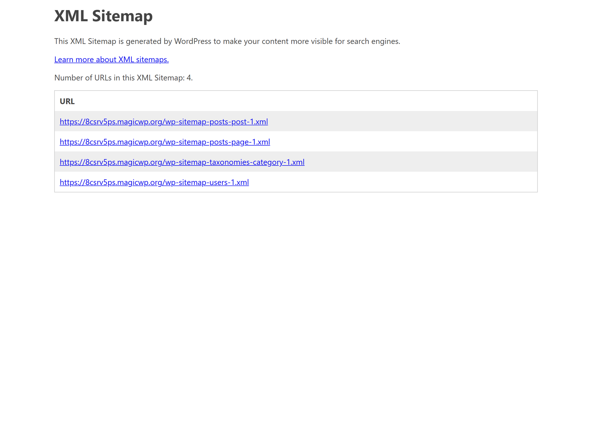 WordPress default dynamic XML sitemap generated by core