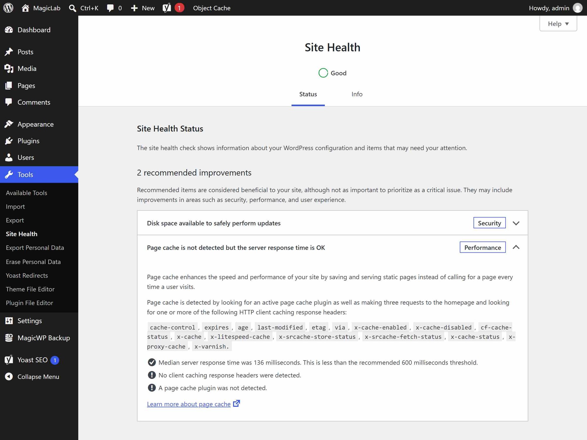 WordPress Site Health check warning for autoloaded options size